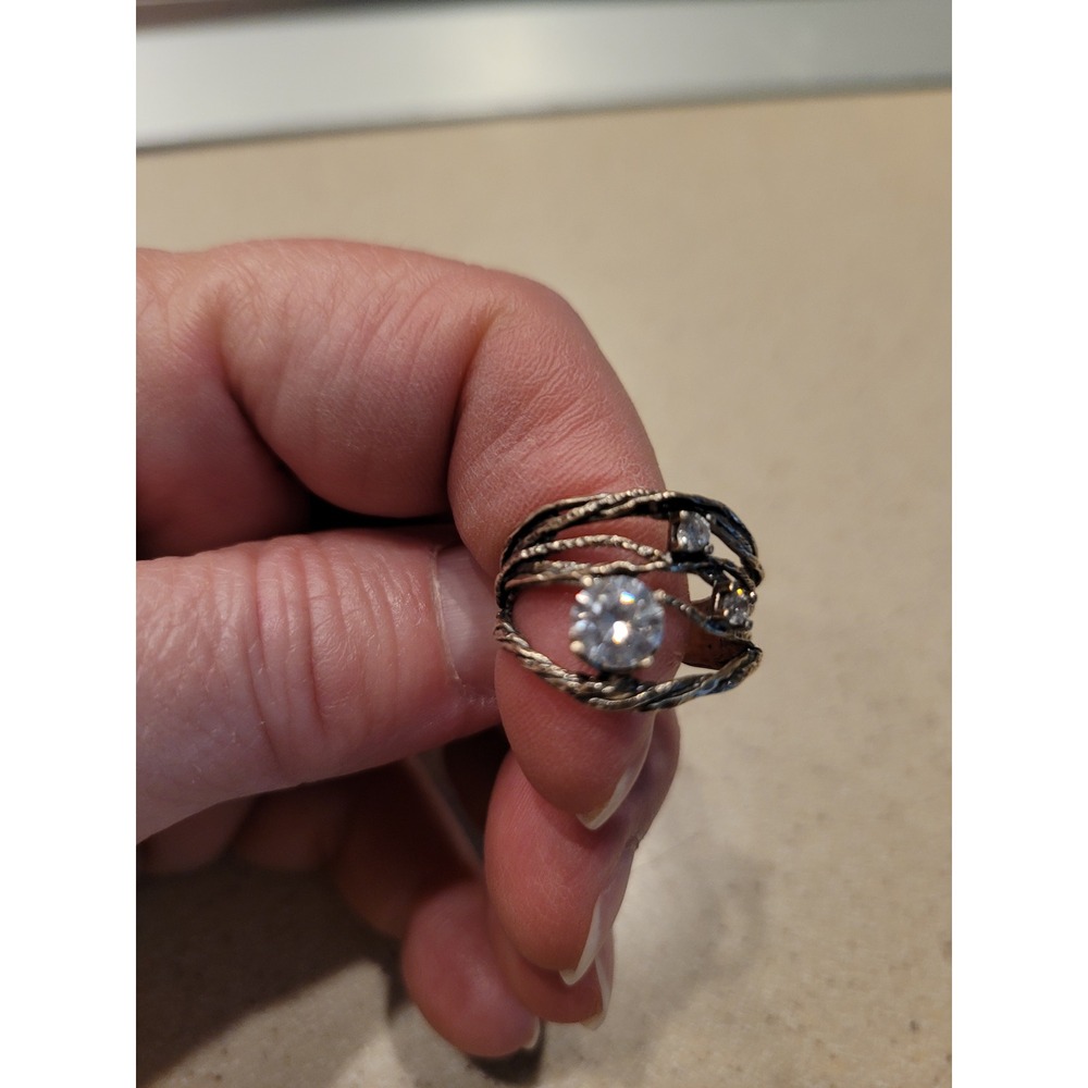 Boho Silver Tone Multi Strand Rope Ring Round Clear Stone Accent‎ Wide Band Ring